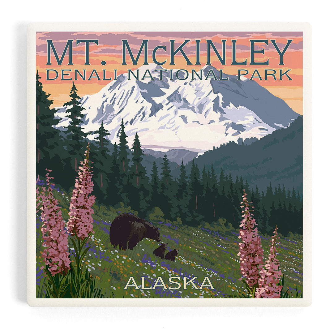 Denali National Park, Alaska, Mount McKinley, Bear and Cubs with Flowers, Coasters Coasters Lantern Press