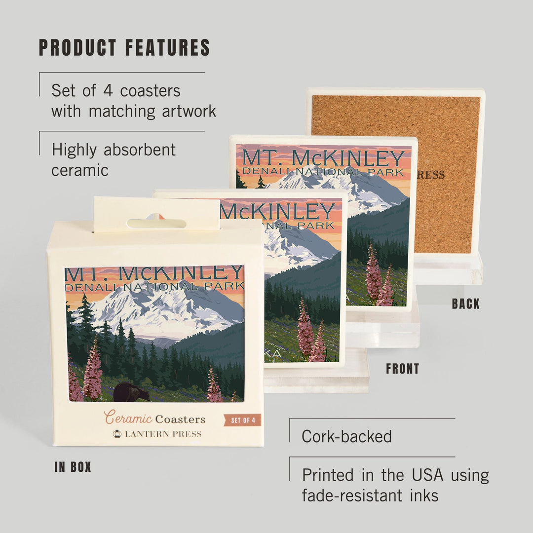 Denali National Park, Alaska, Mount McKinley, Bear and Cubs with Flowers, Coasters Coasters Lantern Press