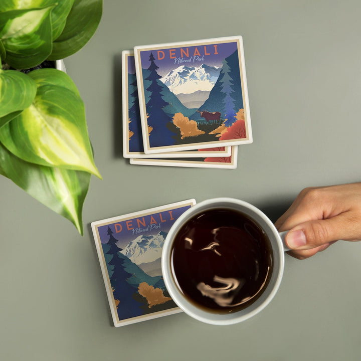 Denali National Park, Alaska, Mountain Scene, Lithograph, Coasters Coasters Lantern Press