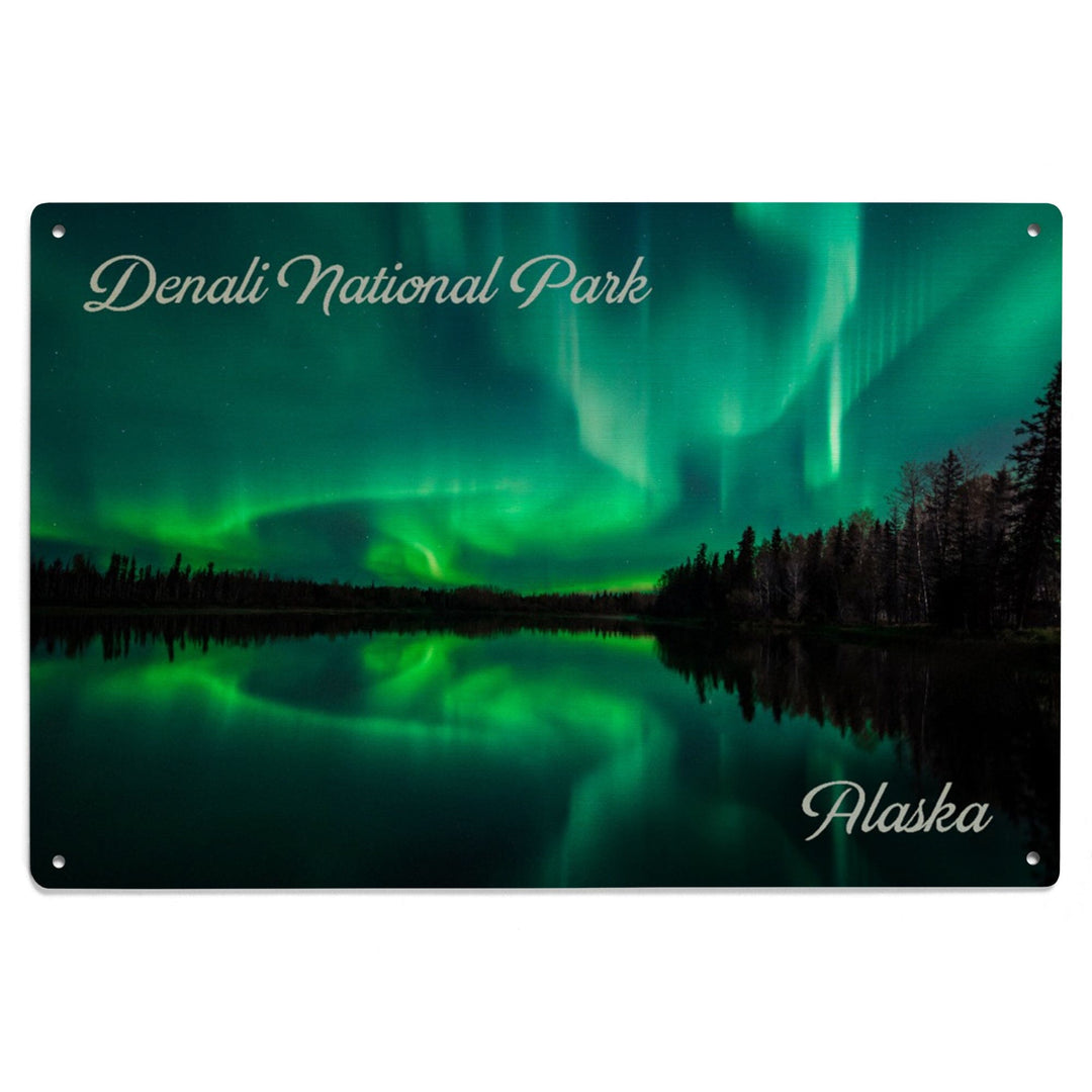 Denali National Park, Alaska, Northern Lights over Lake, Wood Signs and Postcards Wood Lantern Press