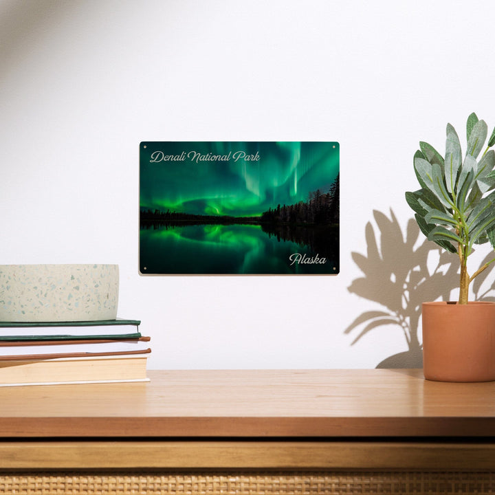 Denali National Park, Alaska, Northern Lights over Lake, Wood Signs and Postcards Wood Lantern Press
