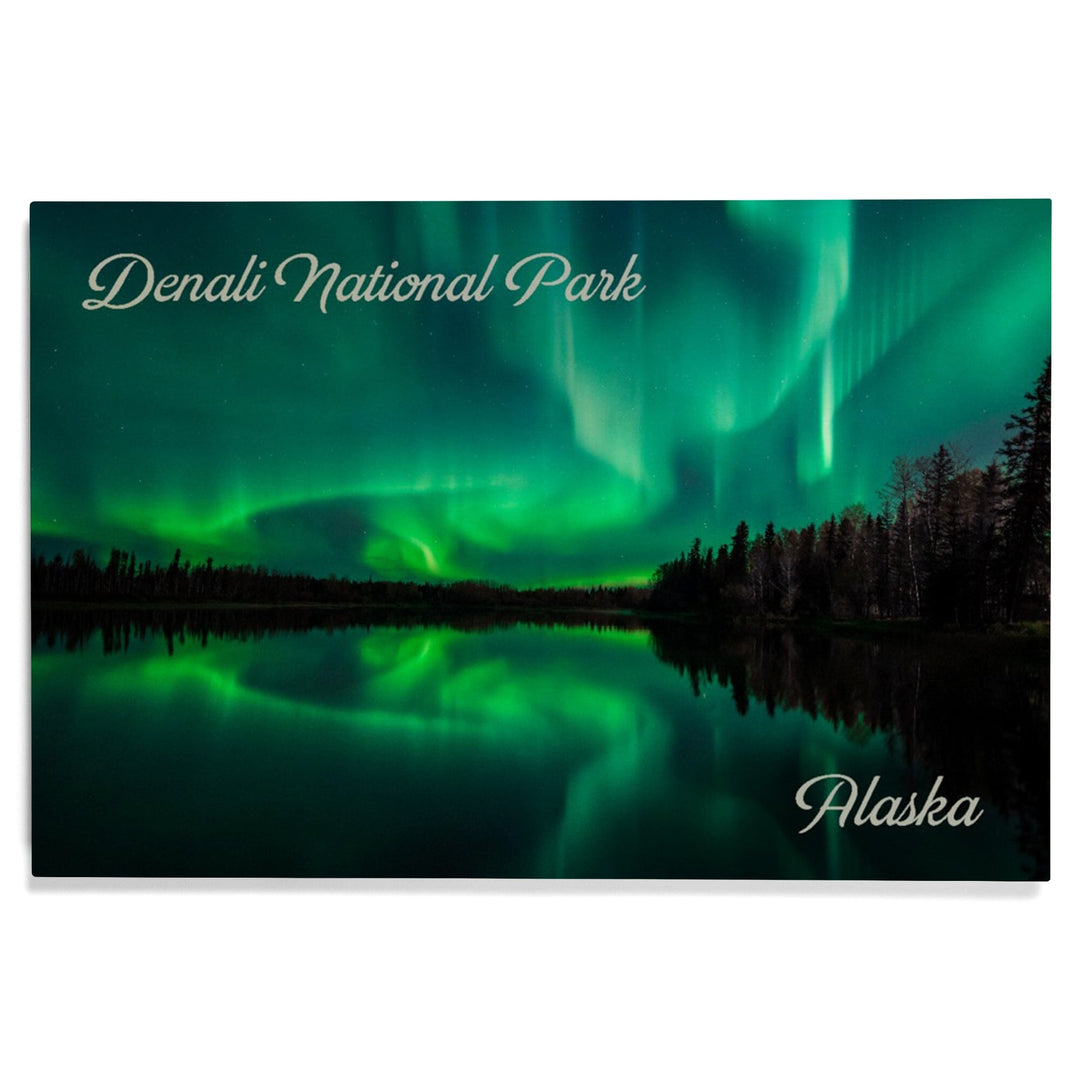 Denali National Park, Alaska, Northern Lights over Lake, Wood Signs and Postcards Wood Lantern Press