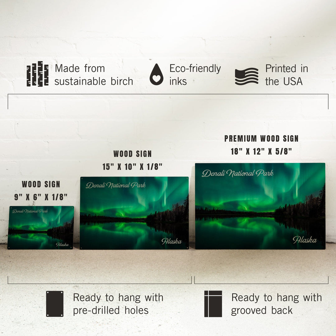 Denali National Park, Alaska, Northern Lights over Lake, Wood Signs and Postcards Wood Lantern Press