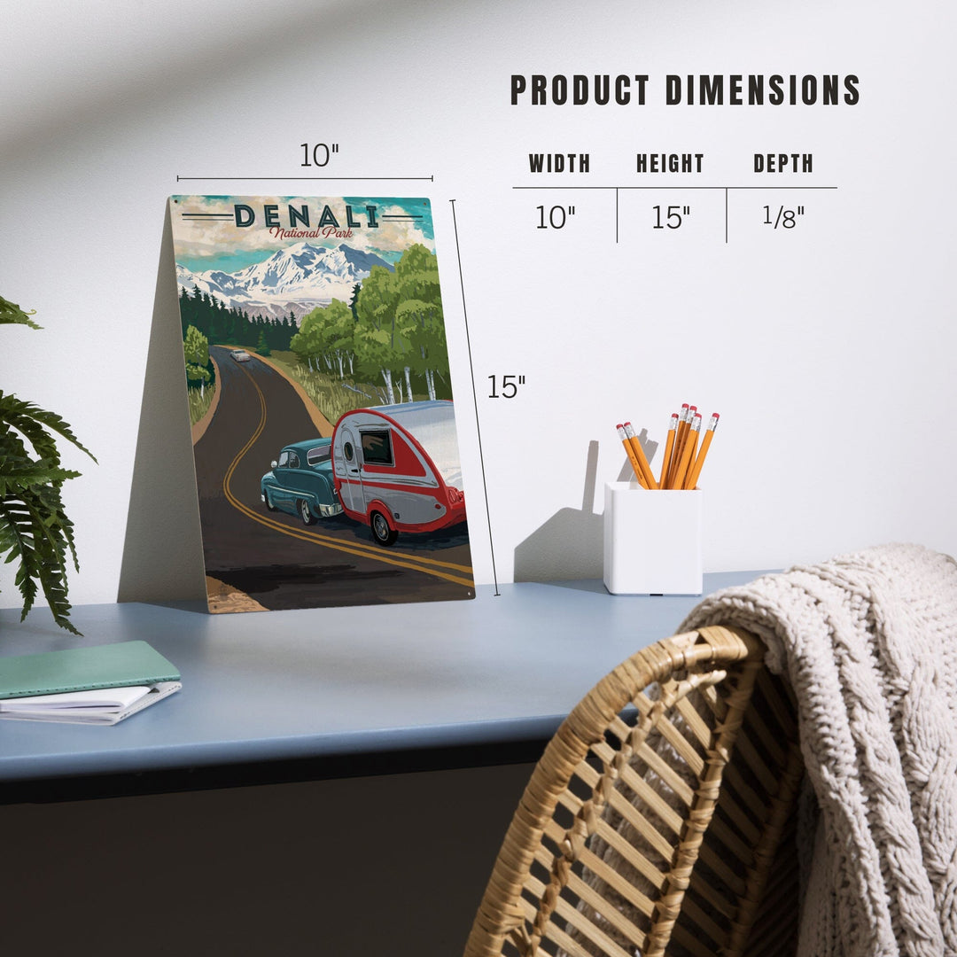 Denali National Park, Alaska, Retro Camper on Road, Wood Signs and Postcards Wood Lantern Press