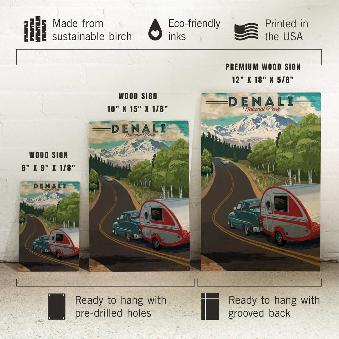 Denali National Park, Alaska, Retro Camper on Road, Wood Signs and Postcards Wood Lantern Press