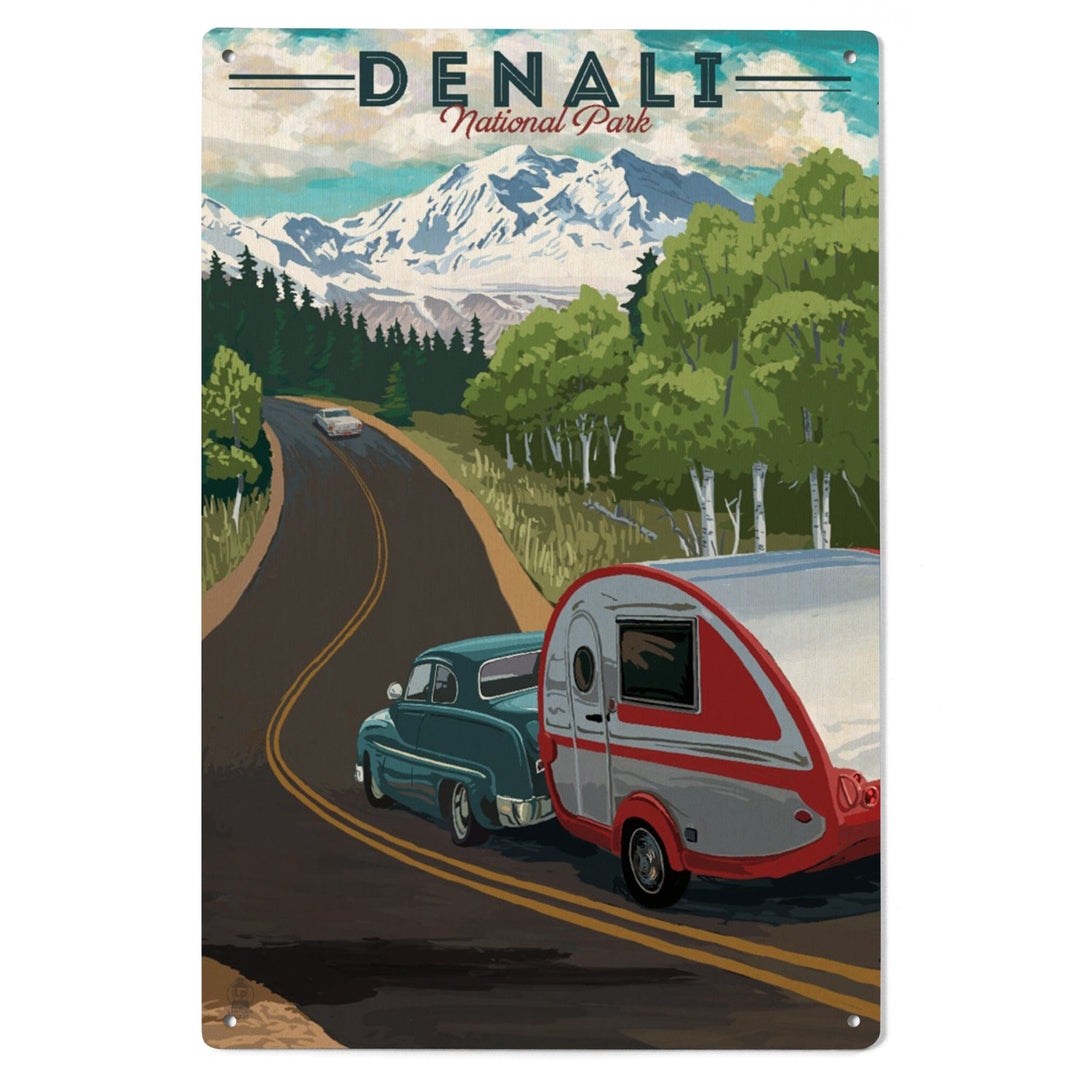 Denali National Park, Alaska, Retro Camper on Road, Wood Signs and Postcards Wood Lantern Press