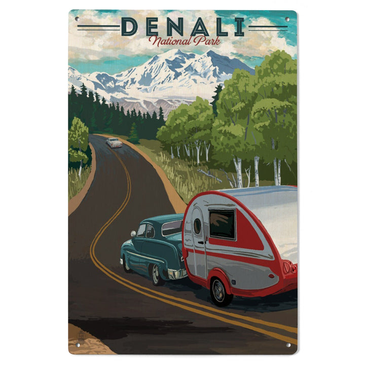 Denali National Park, Alaska, Retro Camper on Road, Wood Signs and Postcards Wood Lantern Press