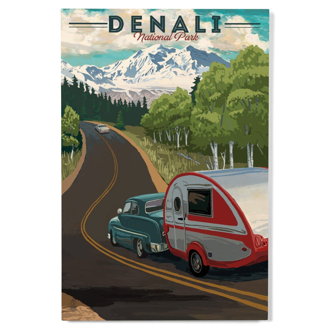 Denali National Park, Alaska, Retro Camper on Road, Wood Signs and Postcards Wood Lantern Press