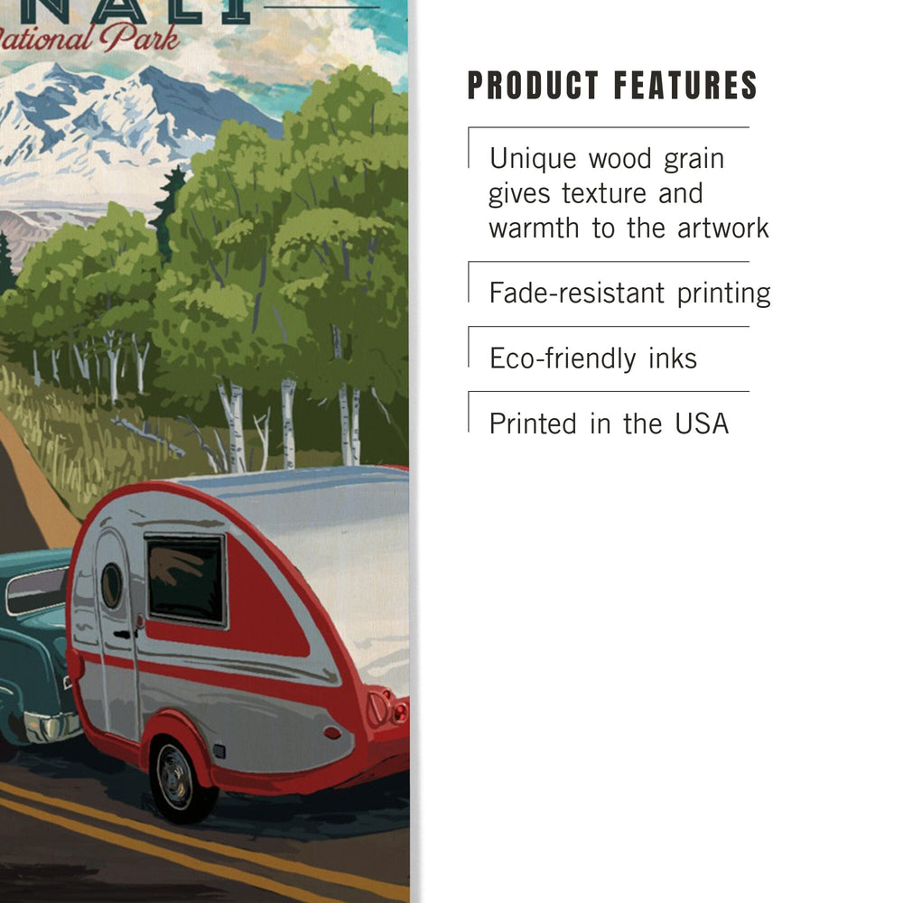 Denali National Park, Alaska, Retro Camper on Road, Wood Signs and Postcards Wood Lantern Press