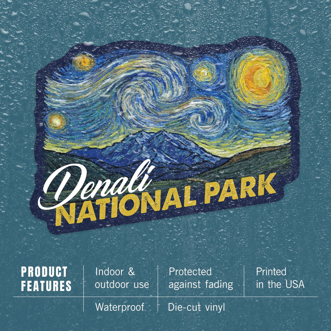 Denali National Park, Alaska, Starry Night National Park Series, Contour, Lantern Press Artwork, Vinyl Sticker - Lantern Press
