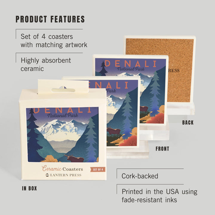 Denali National Park, Mountain Scene, Lithograph, Coasters Coasters Lantern Press