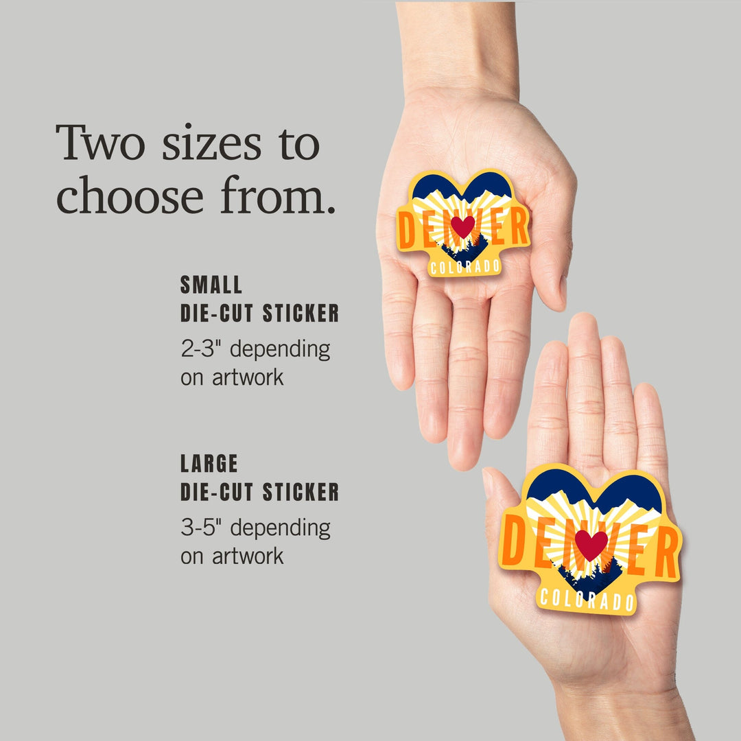 Denver, Colorado, Heart & Mountains, Contour, Lantern Press Artwork, Vinyl Sticker - Lantern Press
