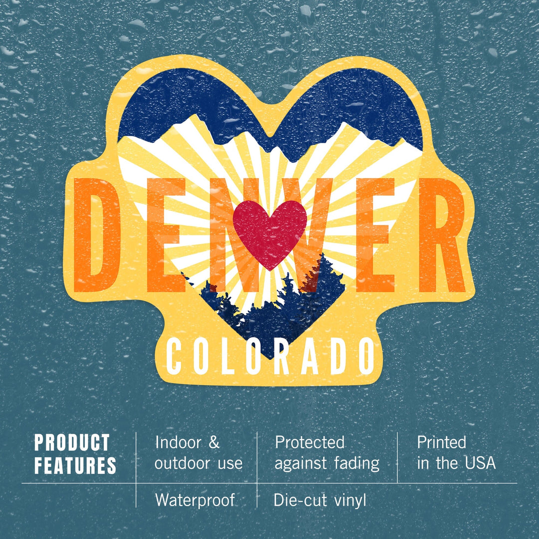 Denver, Colorado, Heart & Mountains, Contour, Lantern Press Artwork, Vinyl Sticker - Lantern Press