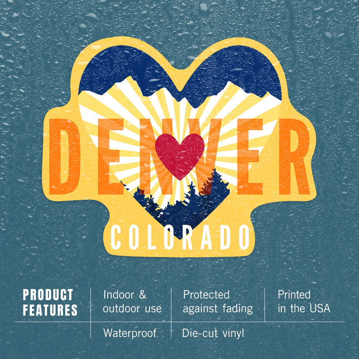 Denver, Colorado, Heart & Mountains, Contour, Lantern Press Artwork, Vinyl Sticker - Lantern Press