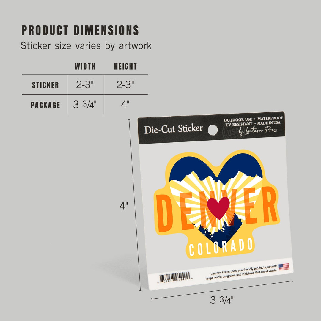 Denver, Colorado, Heart & Mountains, Contour, Lantern Press Artwork, Vinyl Sticker - Lantern Press