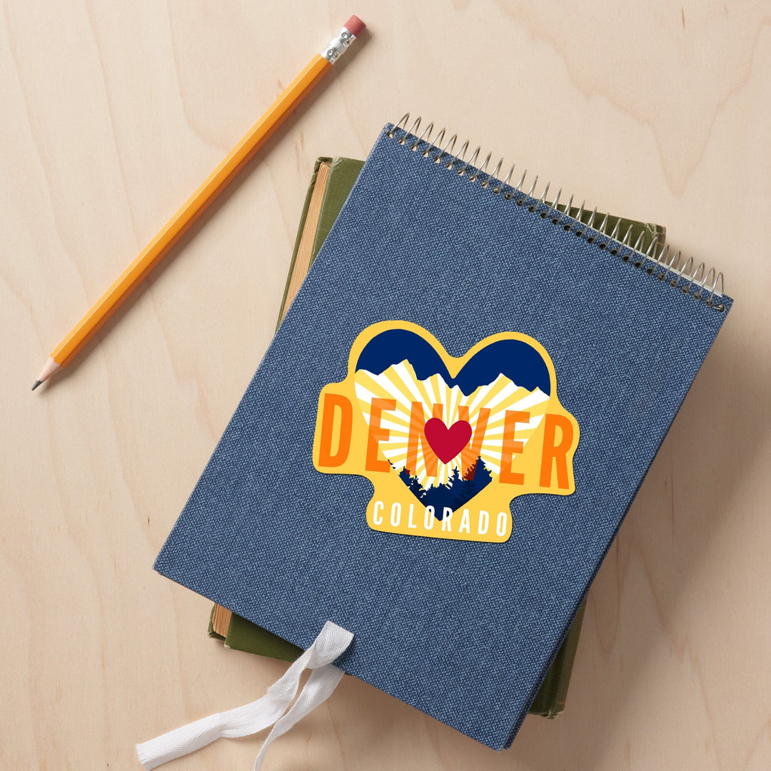 Denver, Colorado, Heart & Mountains, Contour, Lantern Press Artwork, Vinyl Sticker - Lantern Press