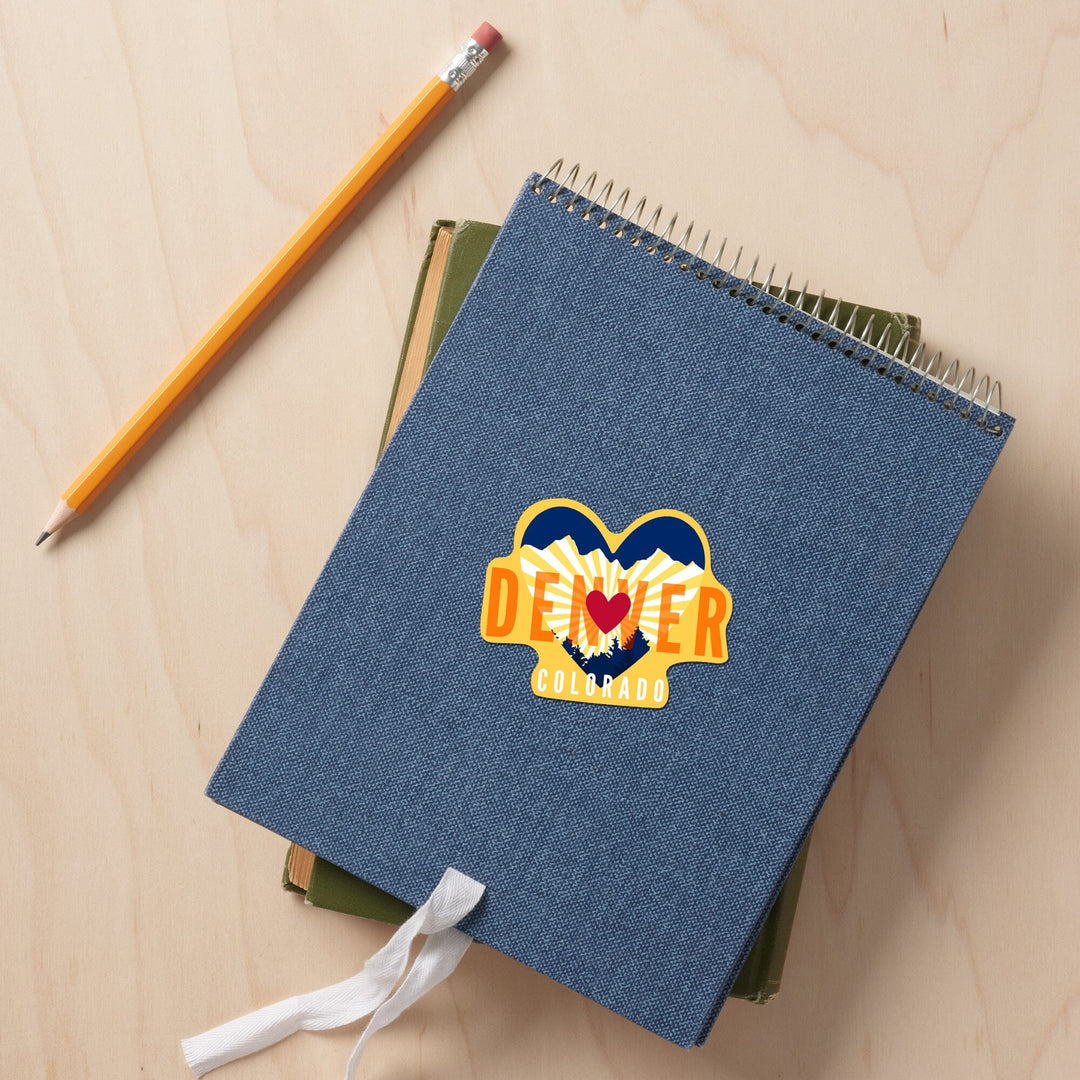 Denver, Colorado, Heart & Mountains, Contour, Lantern Press Artwork, Vinyl Sticker - Lantern Press