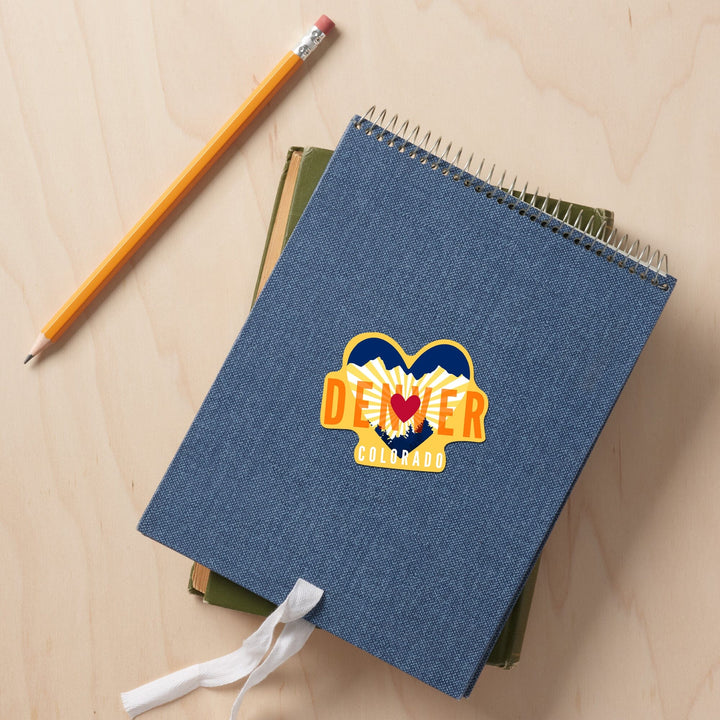 Denver, Colorado, Heart & Mountains, Contour, Lantern Press Artwork, Vinyl Sticker - Lantern Press