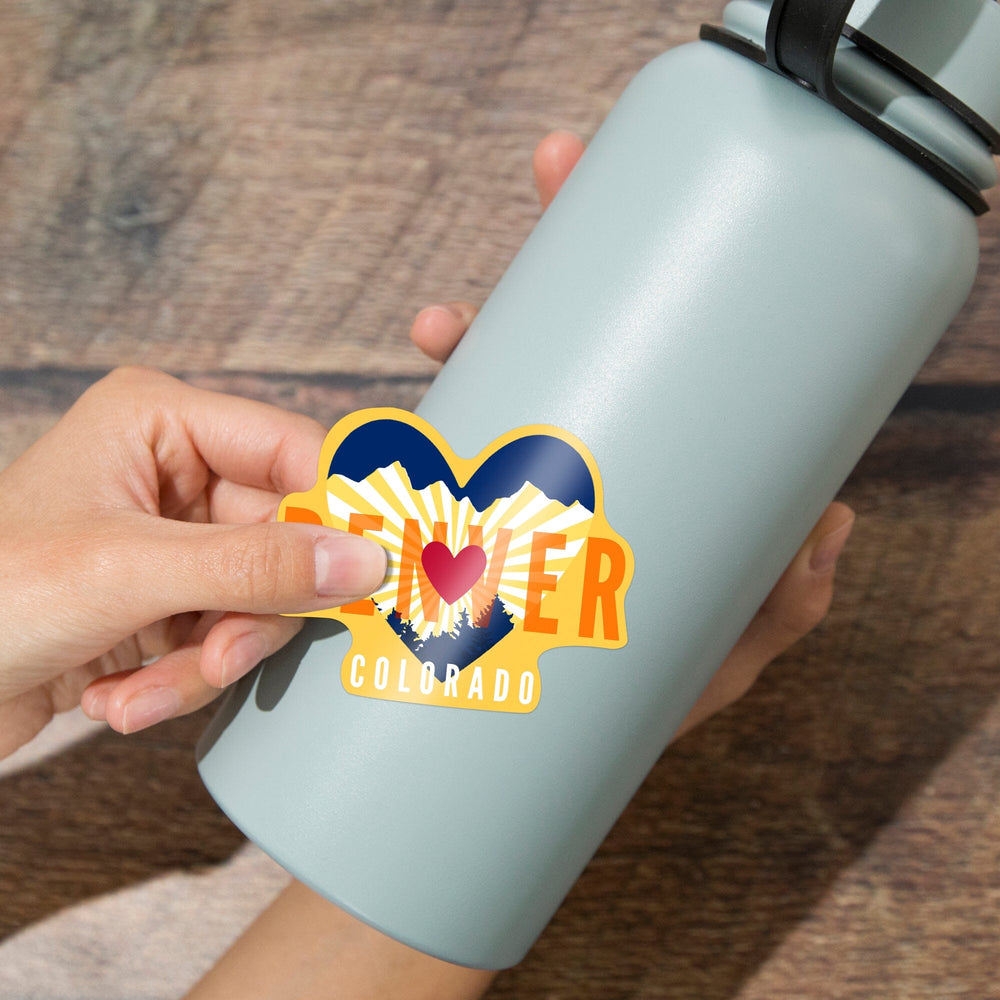 Denver, Colorado, Heart & Mountains, Contour, Lantern Press Artwork, Vinyl Sticker - Lantern Press