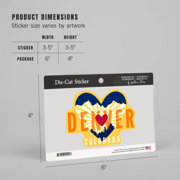 Denver, Colorado, Heart & Mountains, Contour, Lantern Press Artwork, Vinyl Sticker - Lantern Press