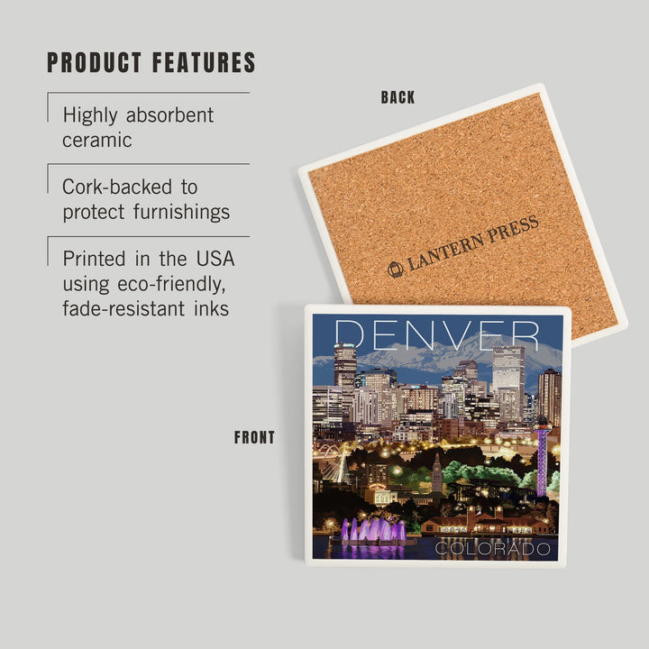 Denver, Colorado, Skyline at Night, Coasters Coasters Lantern Press