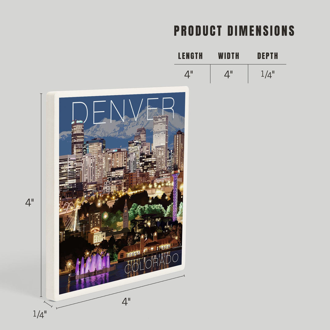 Denver, Colorado, Skyline at Night, Coasters Coasters Lantern Press