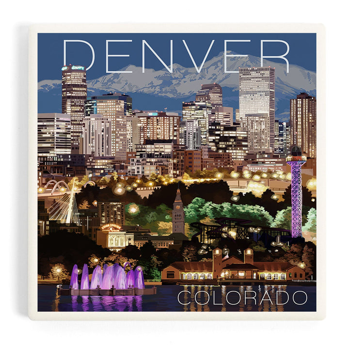 Denver, Colorado, Skyline at Night, Coasters Coasters Lantern Press Coaster