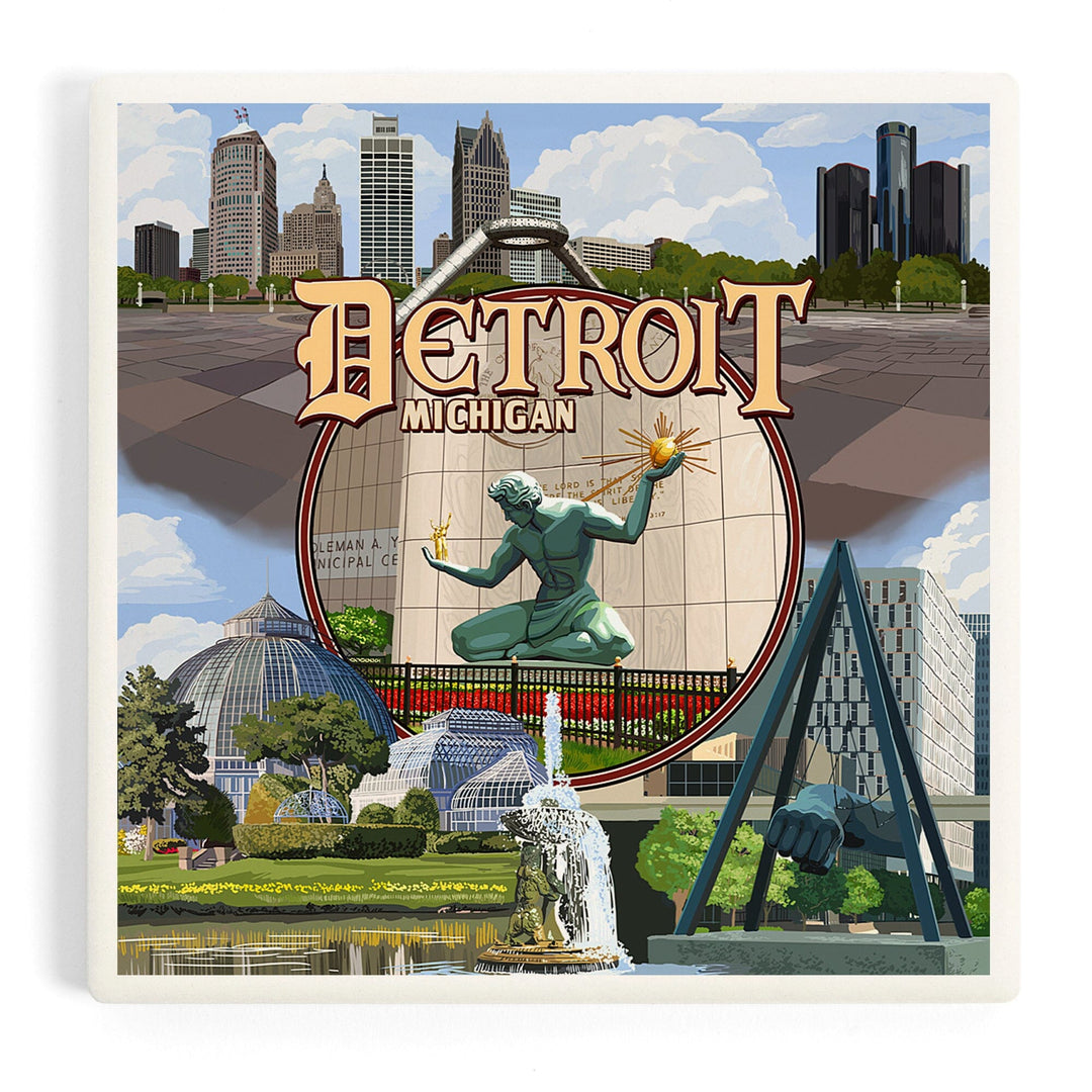 Detroit, Michigan, Montage Scenes, Coasters Coasters Lantern Press Coaster