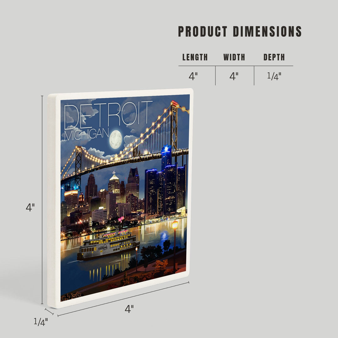 Detroit, Michigan, Skyline at Night, Coasters Coasters Lantern Press