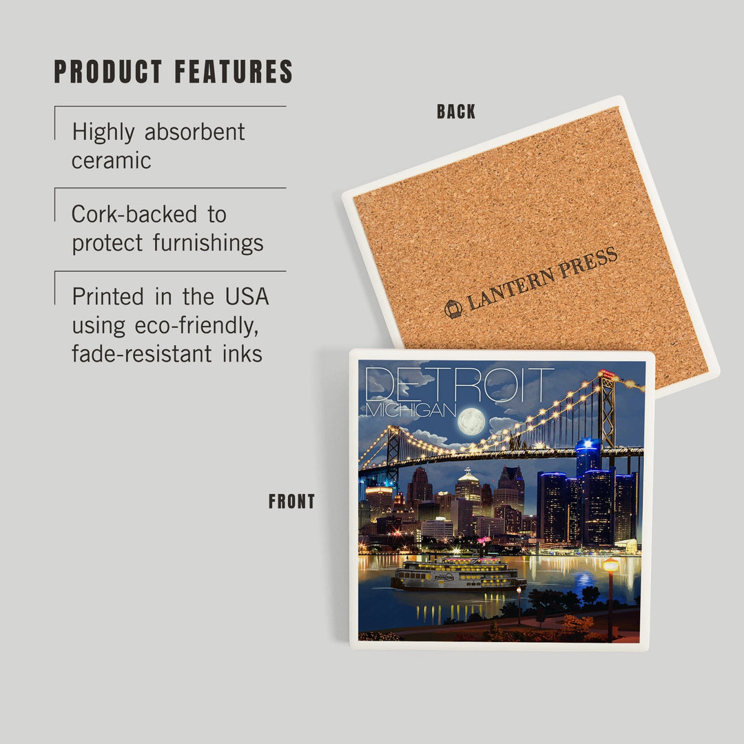 Detroit, Michigan, Skyline at Night, Coasters Coasters Lantern Press