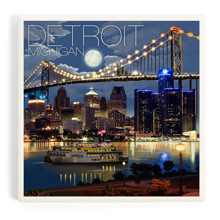 Detroit, Michigan, Skyline at Night, Coasters Coasters Lantern Press