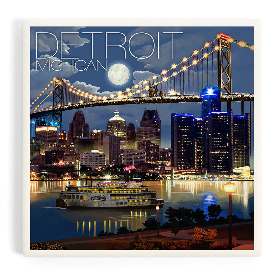 Detroit, Michigan, Skyline at Night, Coasters Coasters Lantern Press