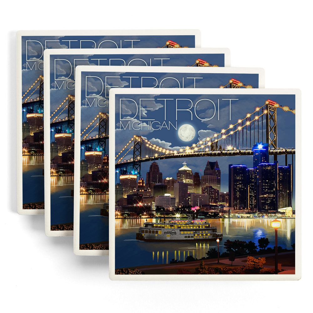 Detroit, Michigan, Skyline at Night, Coasters Coasters Lantern Press