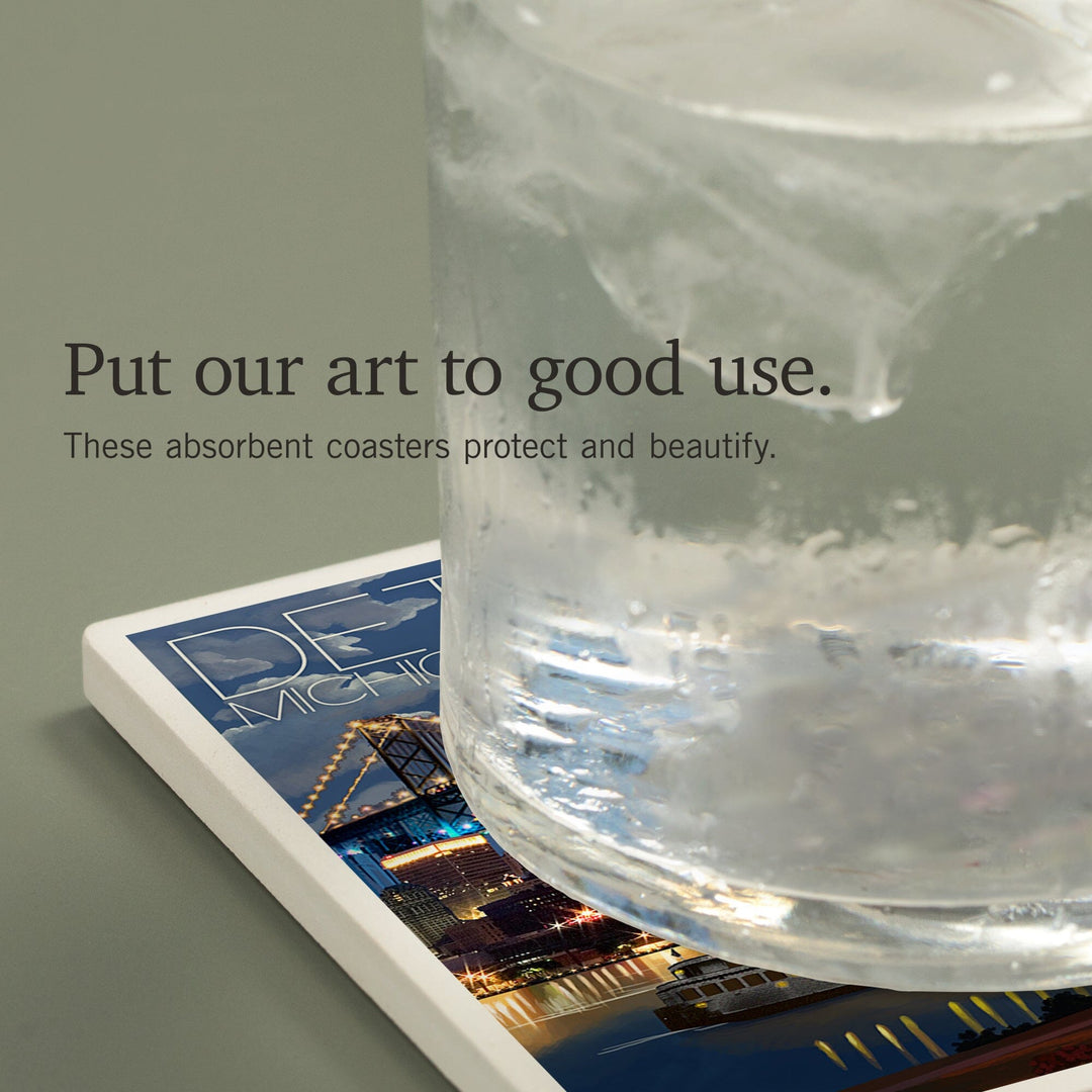 Detroit, Michigan, Skyline at Night, Coasters Coasters Lantern Press