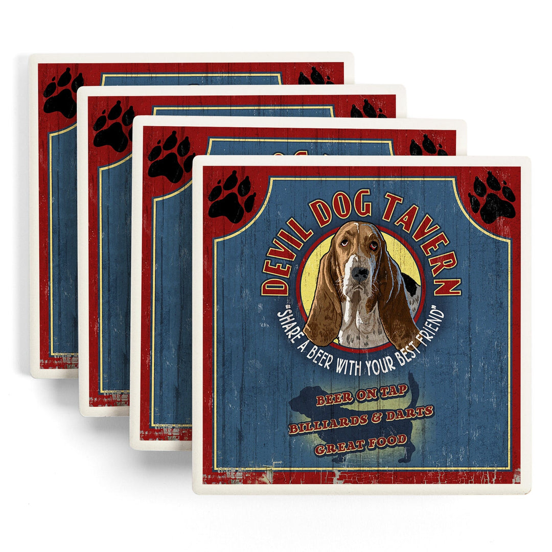 Devil Dog Tavern Vintage Sign, Basset Hound, Coasters Coasters Lantern Press