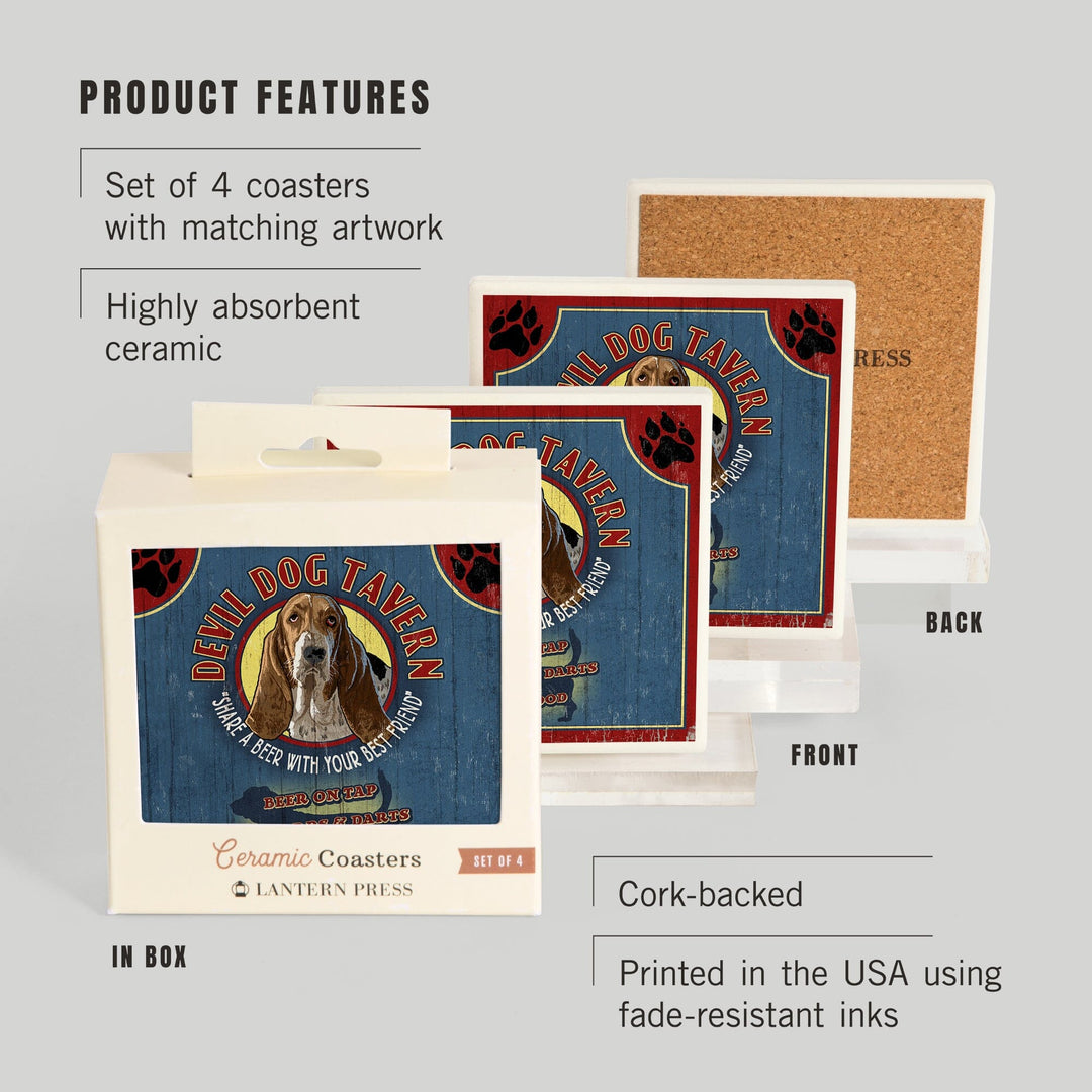 Devil Dog Tavern Vintage Sign, Basset Hound, Coasters Coasters Lantern Press