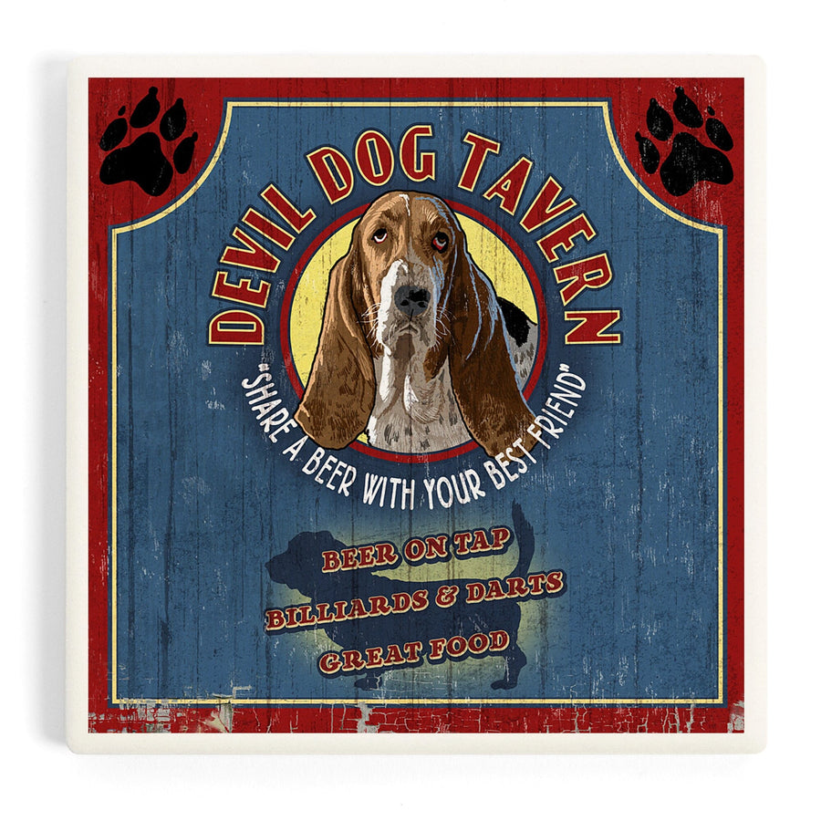 Devil Dog Tavern Vintage Sign, Basset Hound, Coasters Coasters Lantern Press