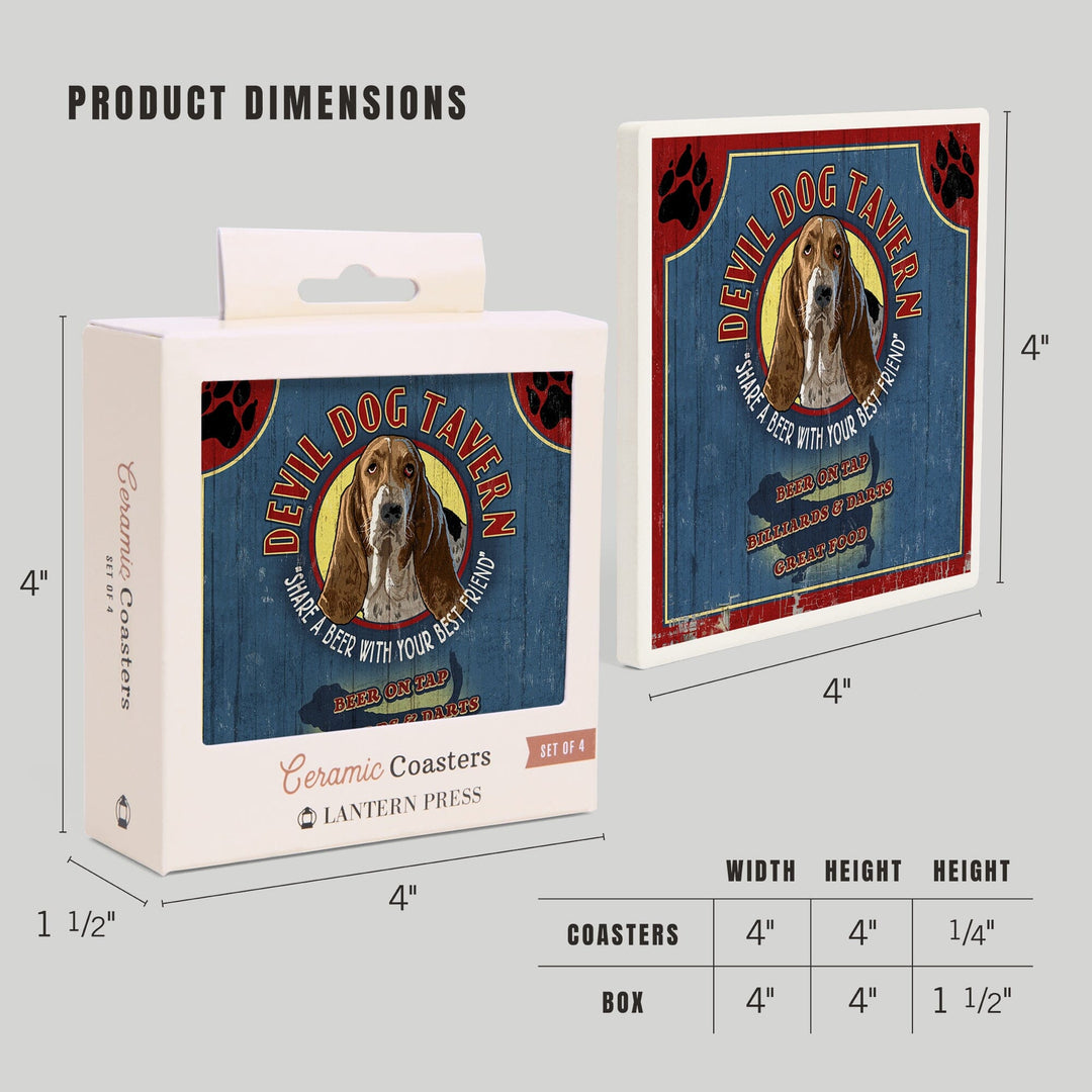 Devil Dog Tavern Vintage Sign, Basset Hound, Coasters Coasters Lantern Press