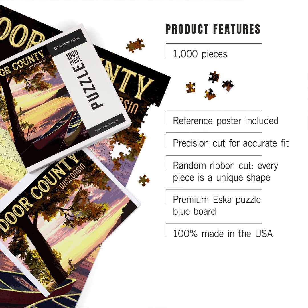 Door County, Wisconsin, Canoe and Lake at Sunset, Jigsaw Puzzle Puzzle Lantern Press