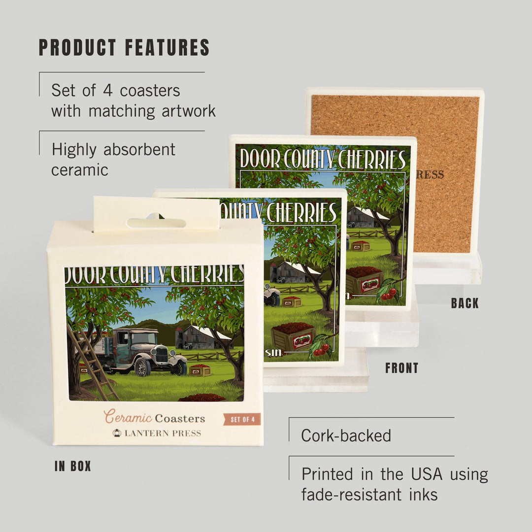 Door County, Wisconsin, Cherry Harvest, Coasters Coasters Lantern Press