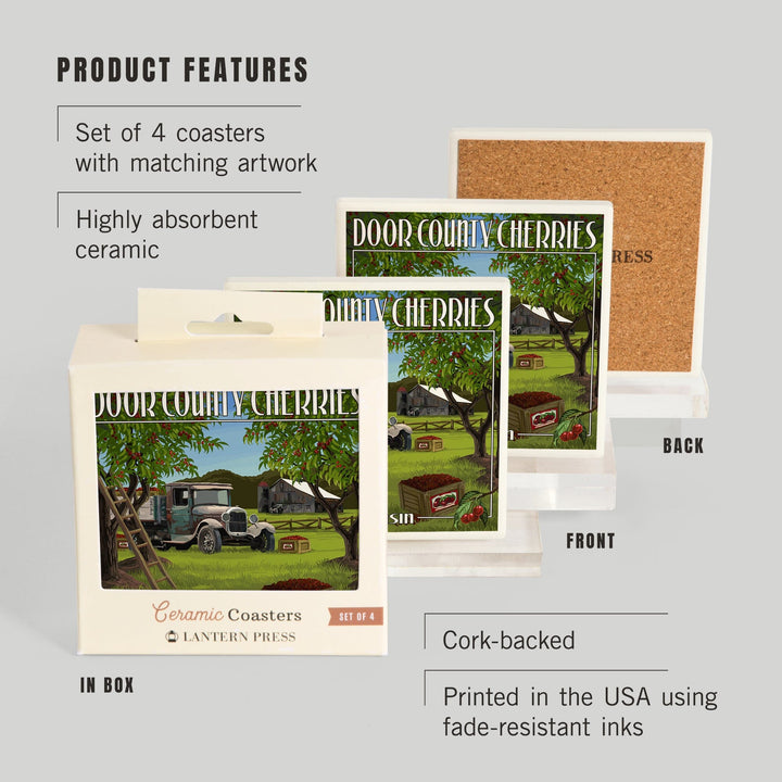 Door County, Wisconsin, Cherry Harvest, Coasters Coasters Lantern Press