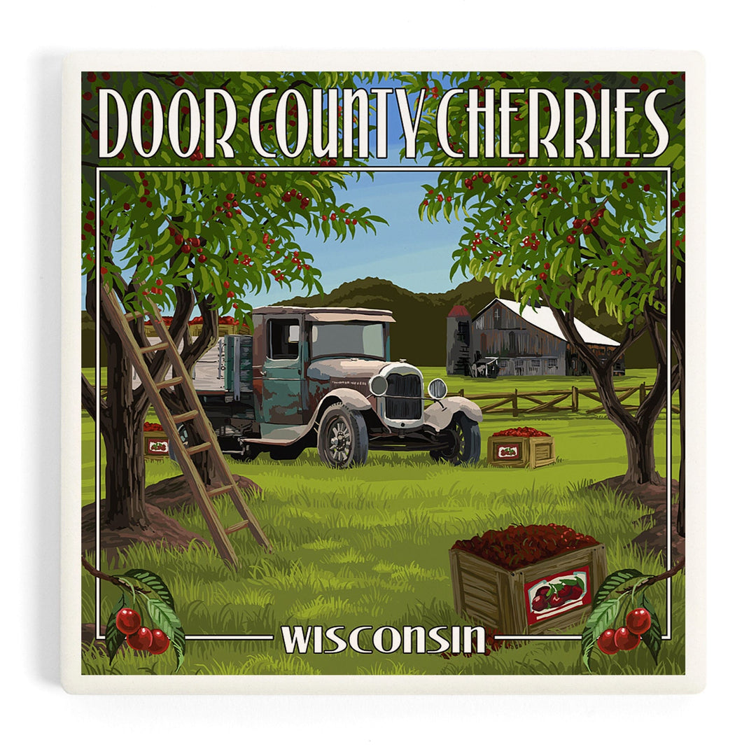 Door County, Wisconsin, Cherry Harvest, Coasters Coasters Lantern Press Coaster
