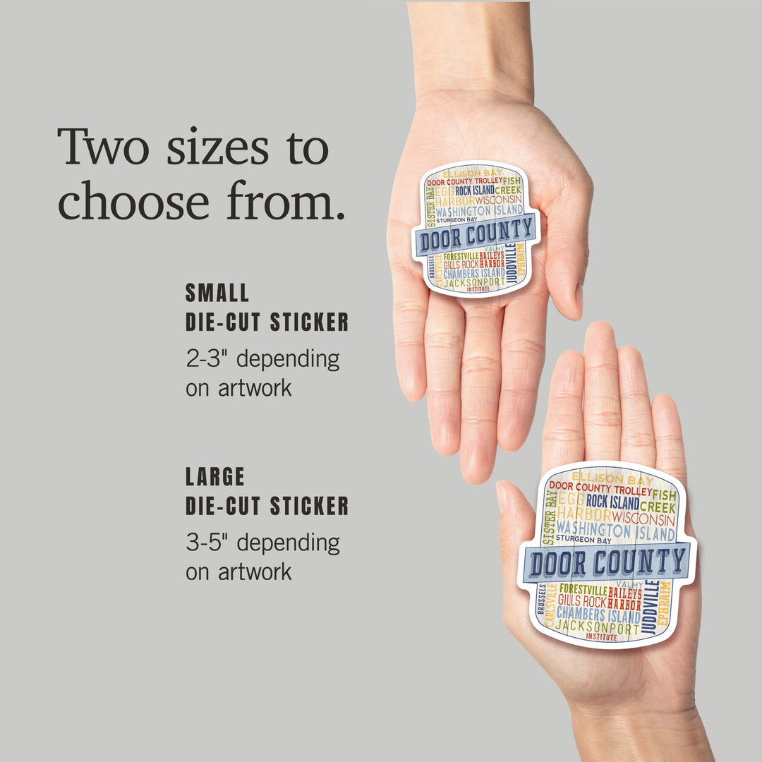 Door County, Wisconsin, Door County Trolley, Rustic Typography, Contour, Lantern Press Artwork, Vinyl Sticker - Lantern Press