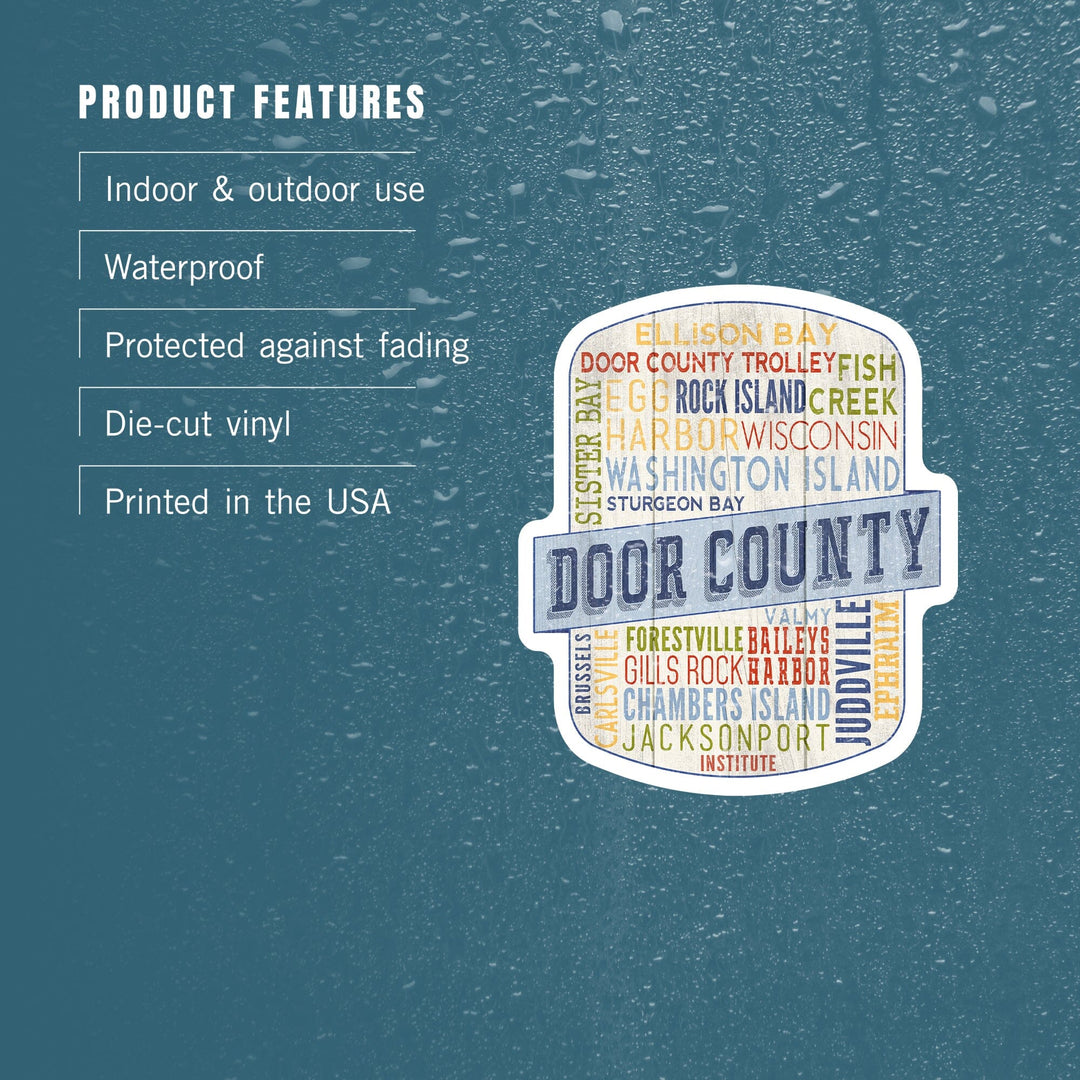 Door County, Wisconsin, Door County Trolley, Rustic Typography, Contour, Lantern Press Artwork, Vinyl Sticker - Lantern Press