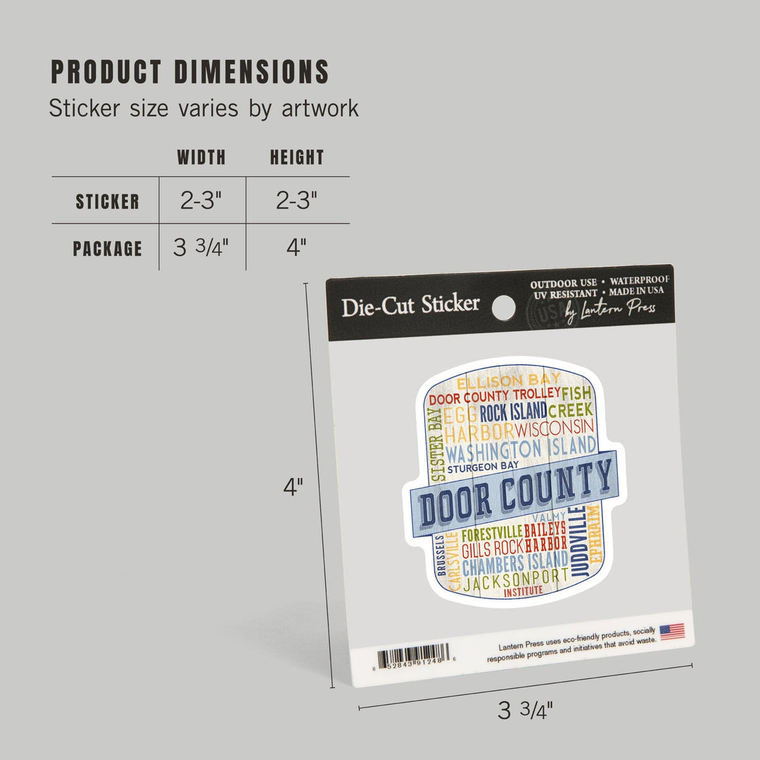 Door County, Wisconsin, Door County Trolley, Rustic Typography, Contour, Lantern Press Artwork, Vinyl Sticker - Lantern Press