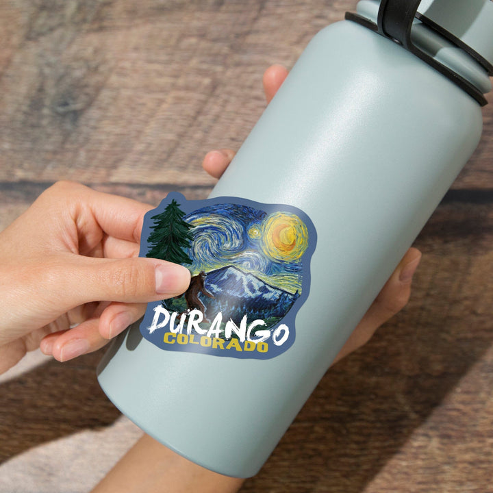 Durango, Colorado, Bigfoot, Starry Night, Contour, Lantern Press Artwork, Vinyl Sticker - Lantern Press