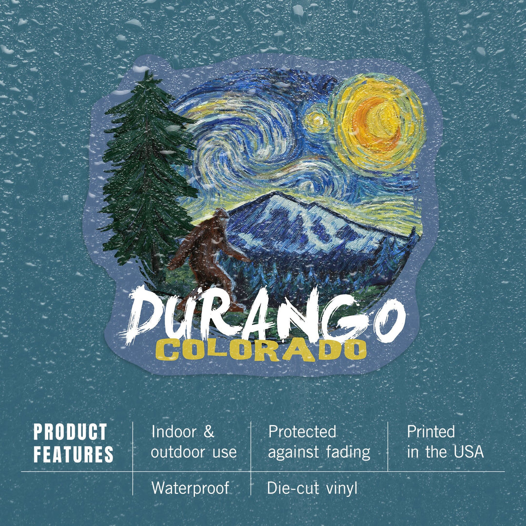 Durango, Colorado, Bigfoot, Starry Night, Contour, Lantern Press Artwork, Vinyl Sticker - Lantern Press