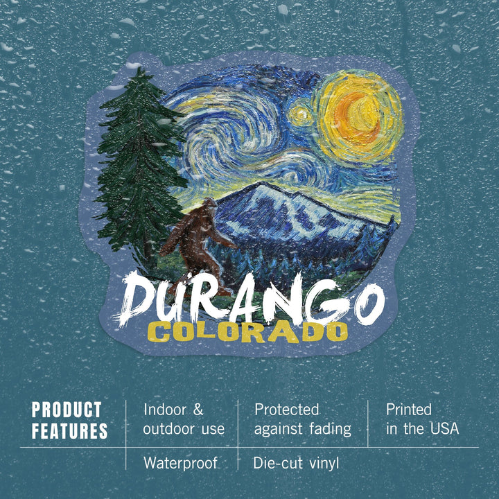 Durango, Colorado, Bigfoot, Starry Night, Contour, Lantern Press Artwork, Vinyl Sticker - Lantern Press