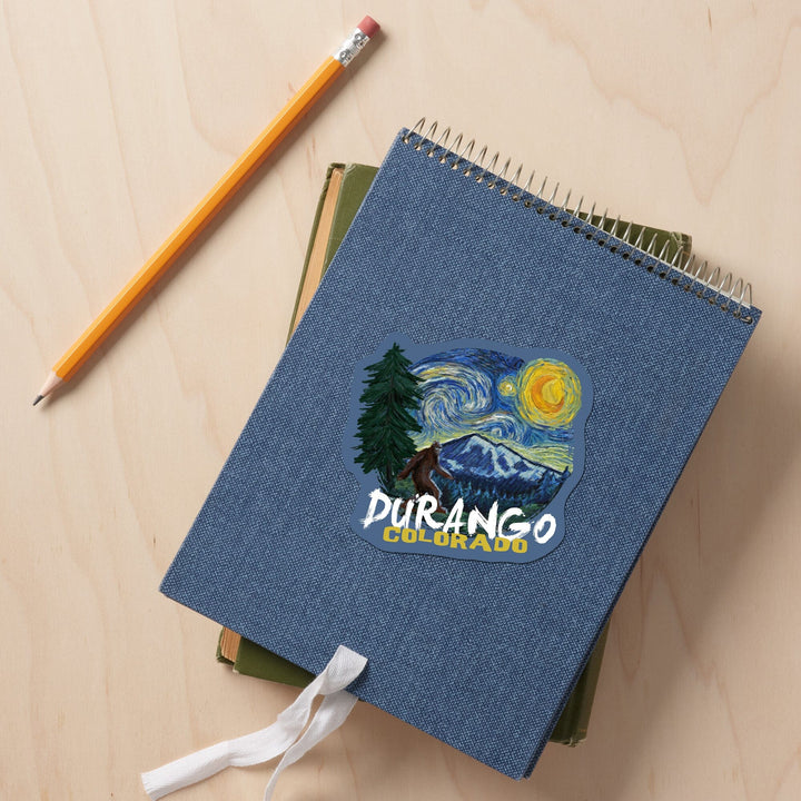 Durango, Colorado, Bigfoot, Starry Night, Contour, Lantern Press Artwork, Vinyl Sticker - Lantern Press