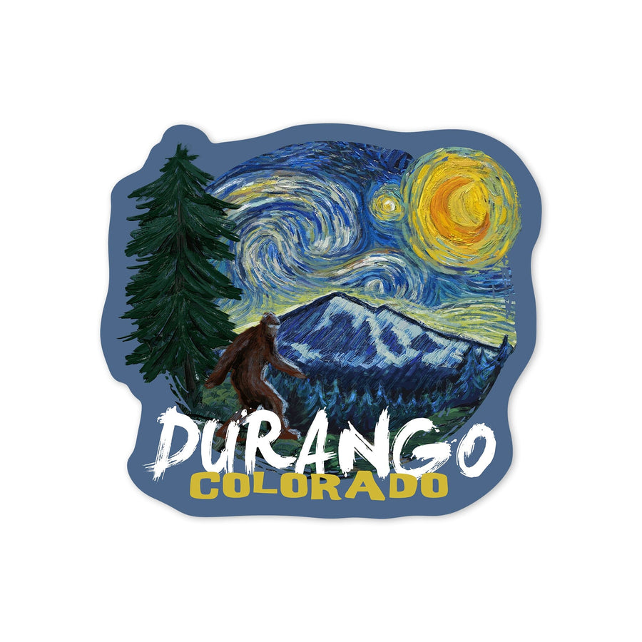 Durango, Colorado, Bigfoot, Starry Night, Contour, Lantern Press Artwork, Vinyl Sticker - Lantern Press
